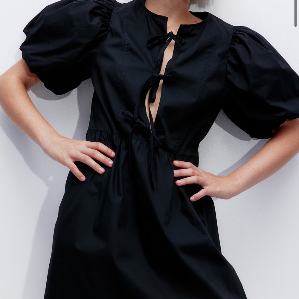 Black Puff Sleeve Tie Front Dress
